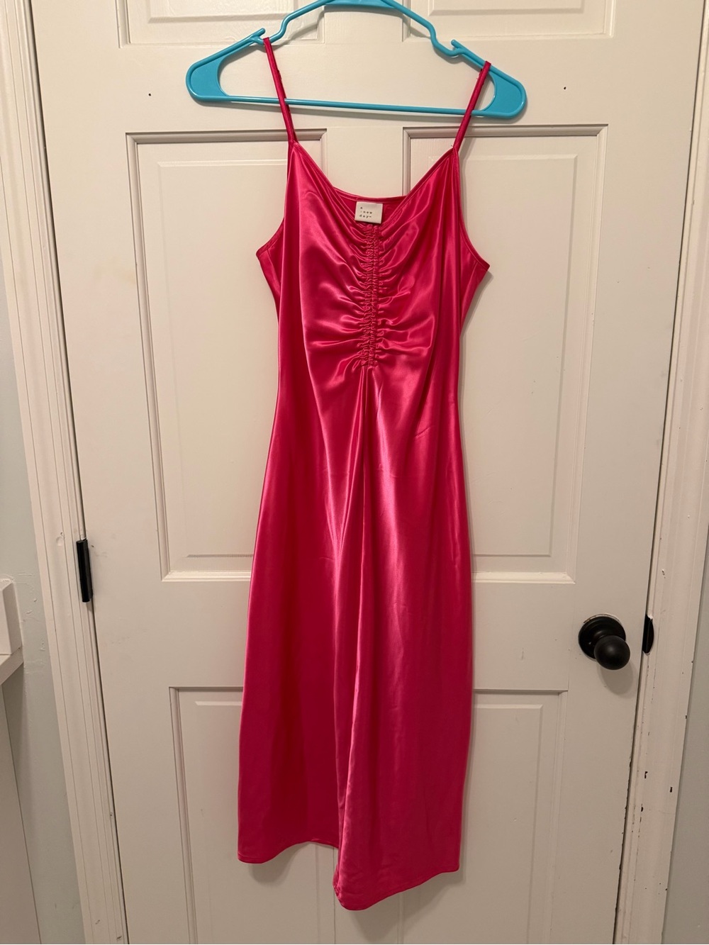 a new day Hot Pink Satin Ruched Slip Midi Dress